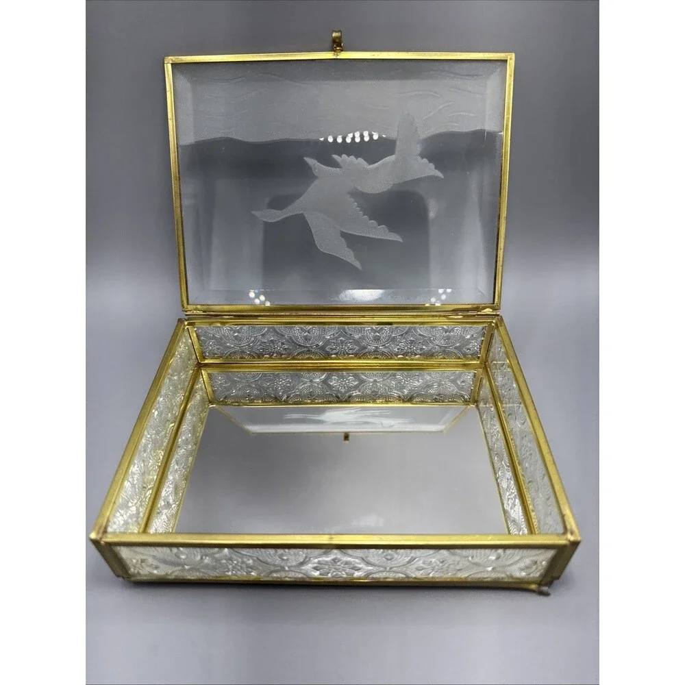 Vtg Glass and Brass  Trinket Box Etched Goose Geese- Mirrored Bottom.6.5x5x1.5”